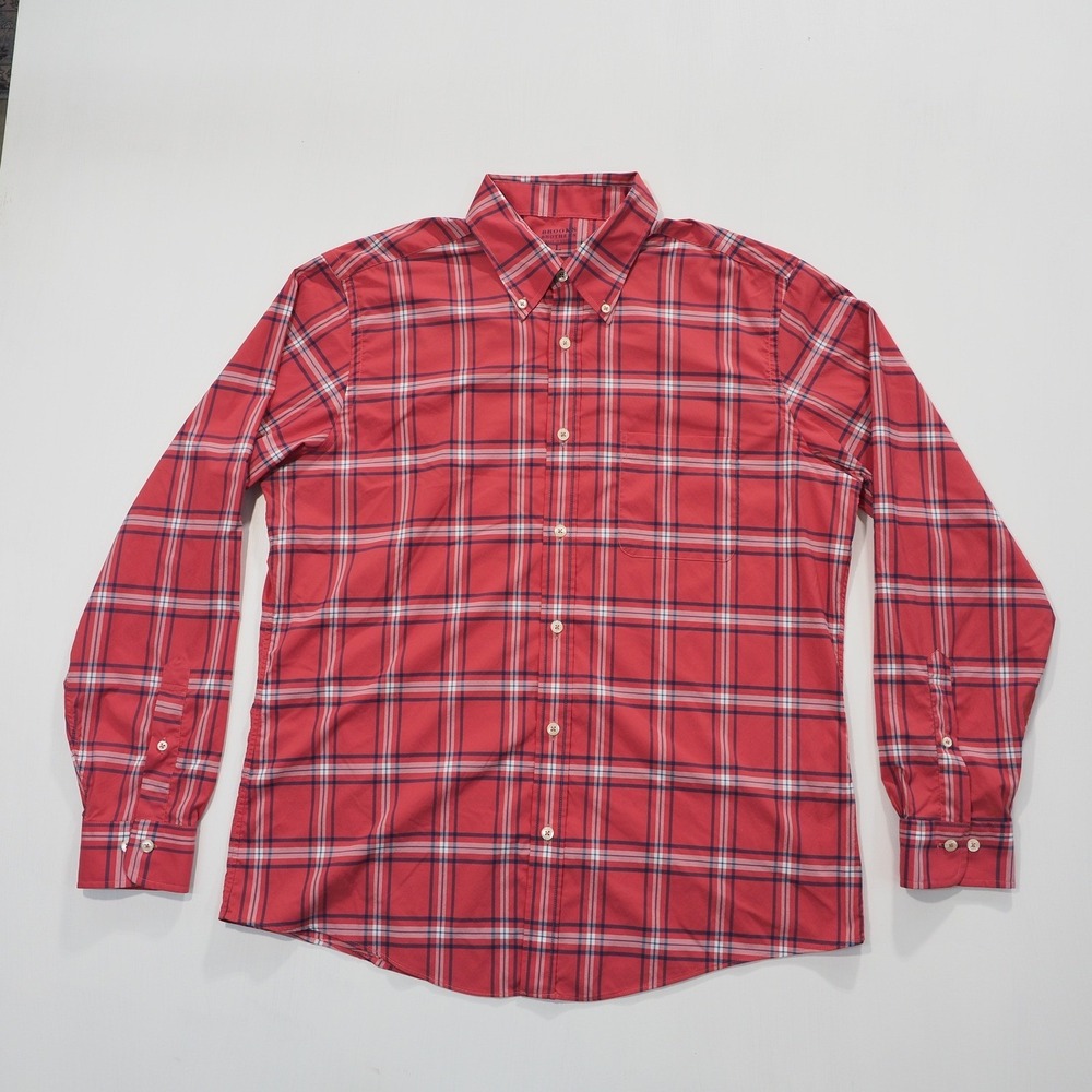 Brooks Brothers Shirt Men Large Red Plaid Long Sleeve Performance Stretch Travel